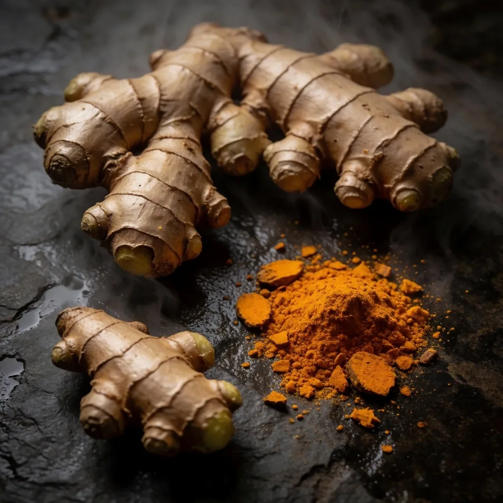 Fresh ginger root and turmeric on dark surface