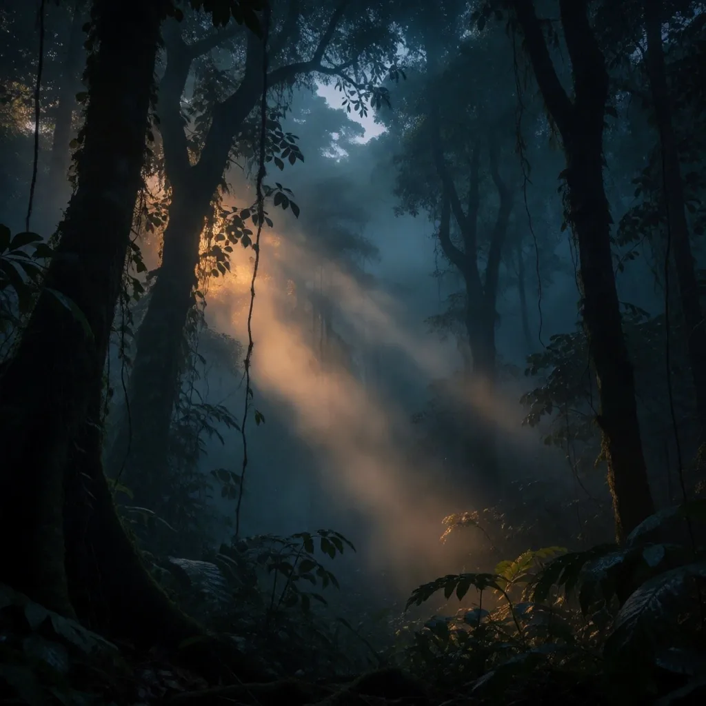 Indonesian rainforest at dusk with mist and canopy light