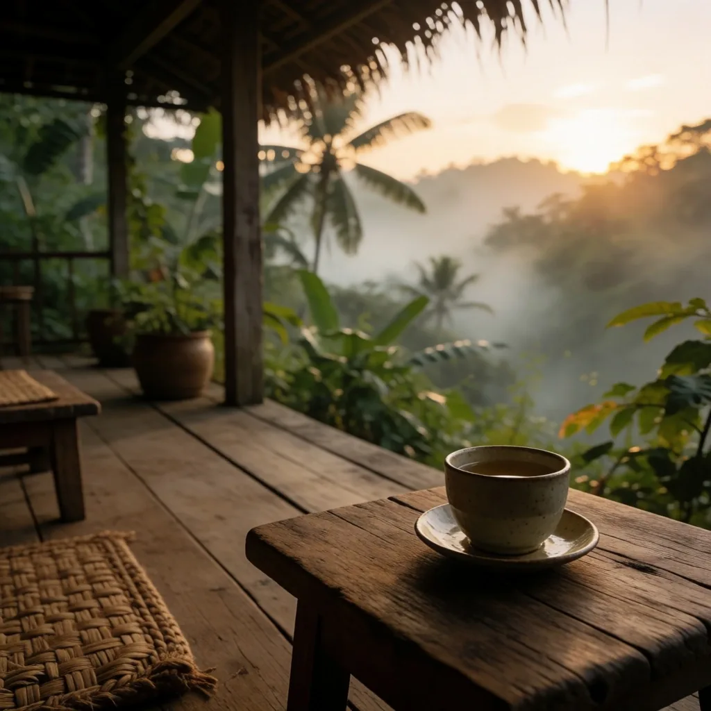 Morning wellness scene with herbal tea on a veranda