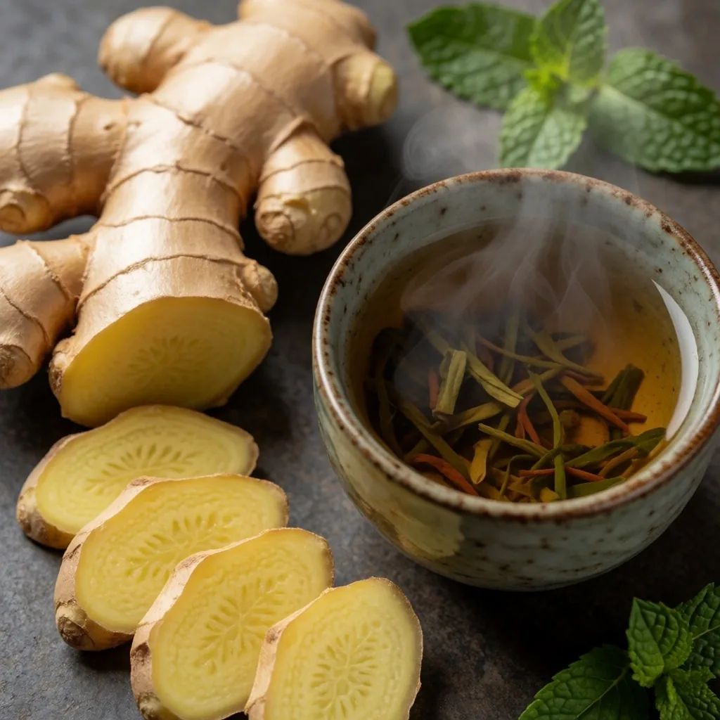 Fresh ginger root and tea
