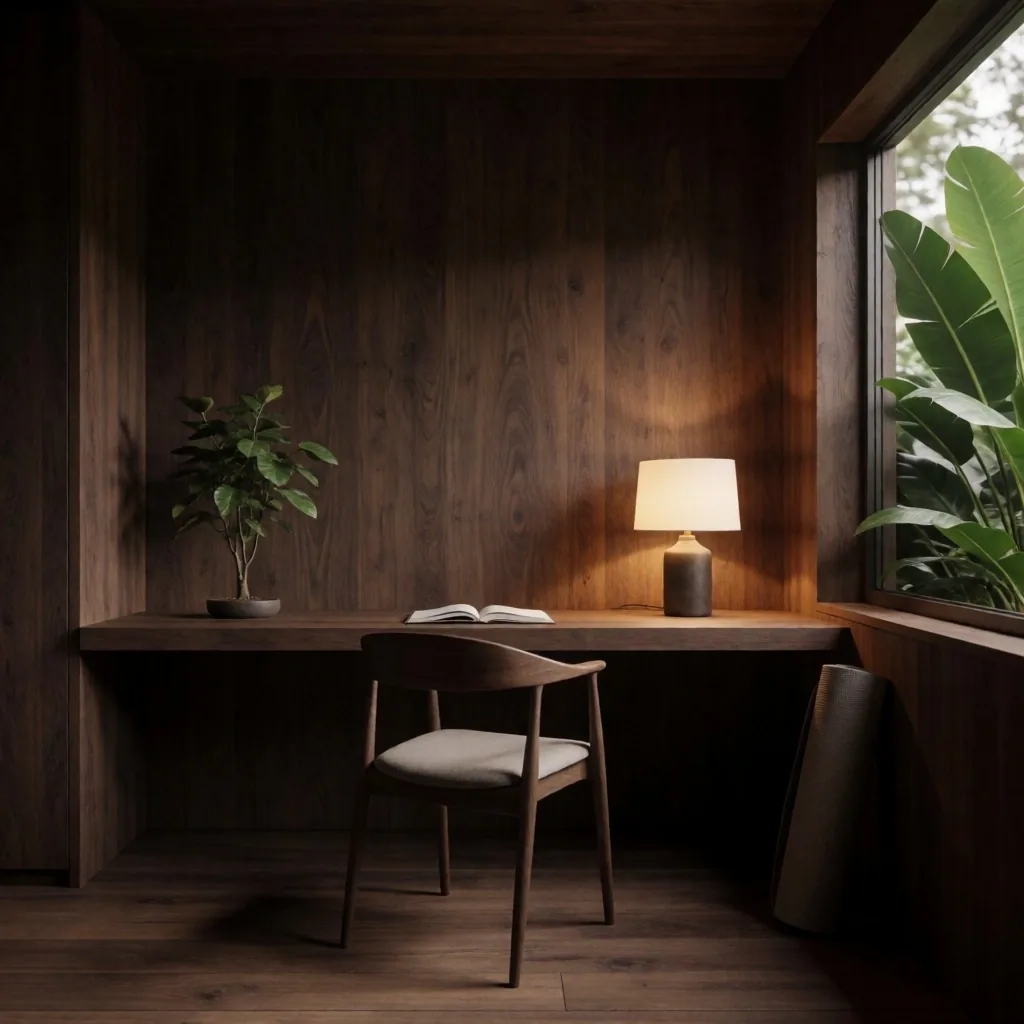 A calm, organized home workspace with natural elements