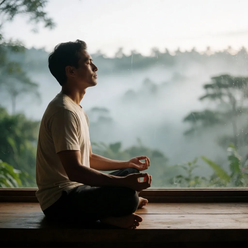 A man meditating quietly by a window overlooking a misty valley