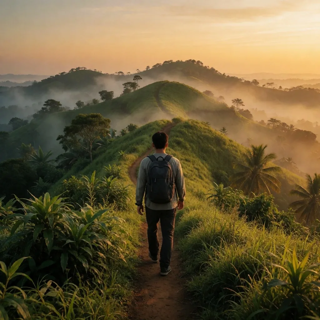 A man hiking through green hills near Bandung at golden hour