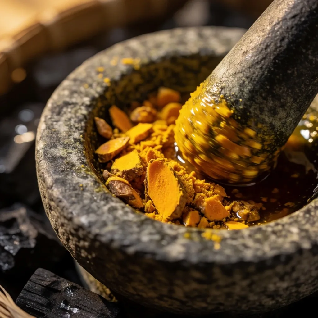 Fresh turmeric and ginger Jamu being prepared on a dark wooden surface