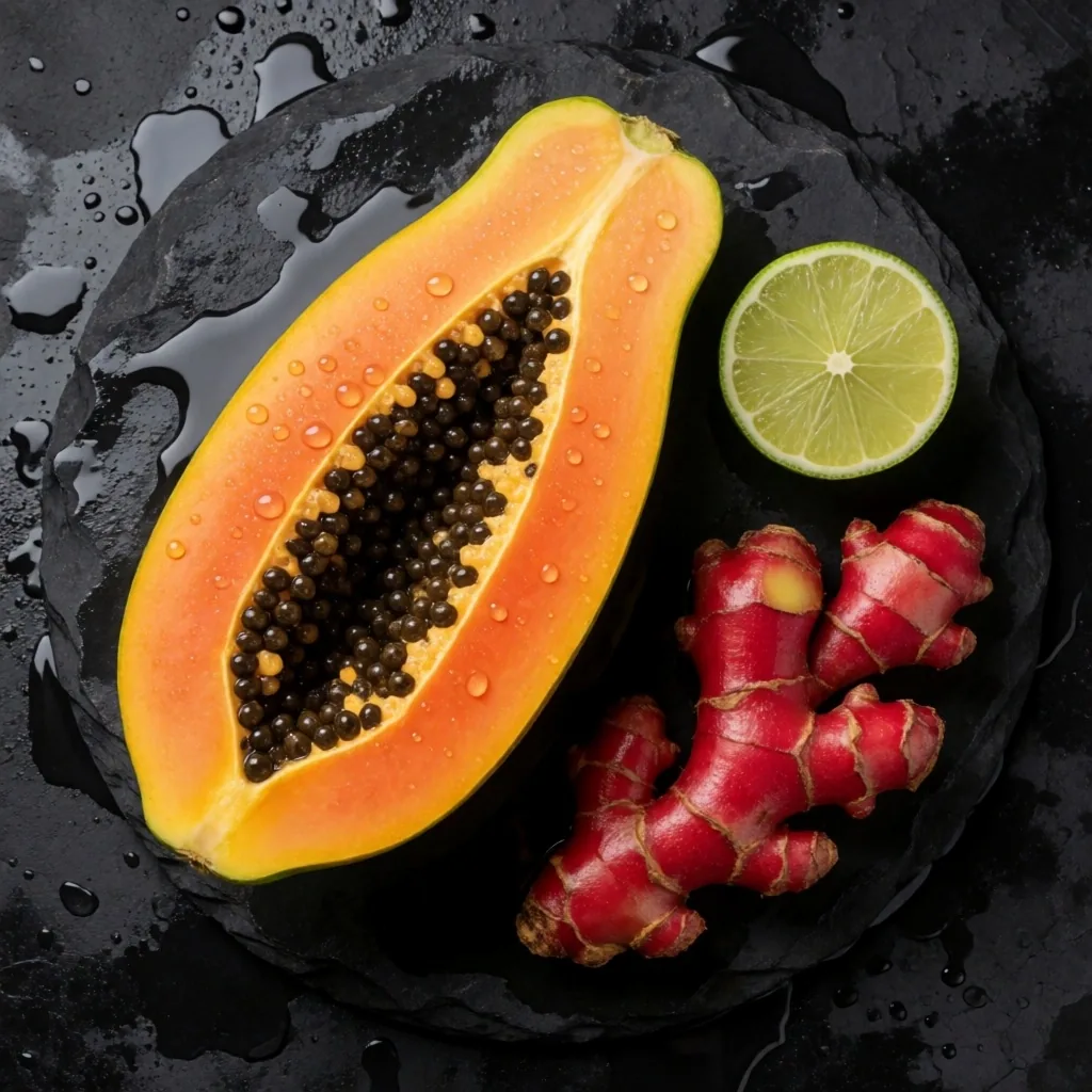 Fresh tropical produce arranged on a dark stone surface