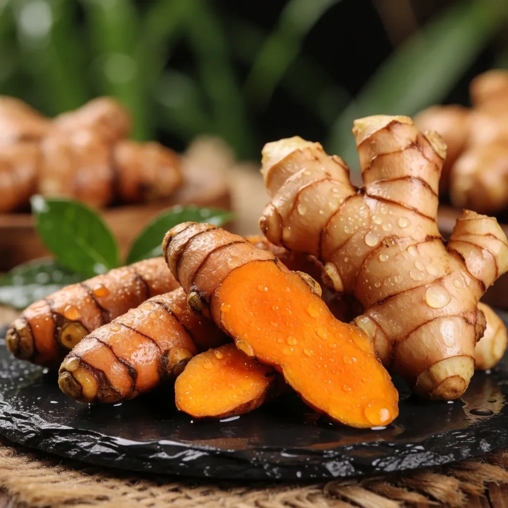 Fresh turmeric and ginger roots on stone