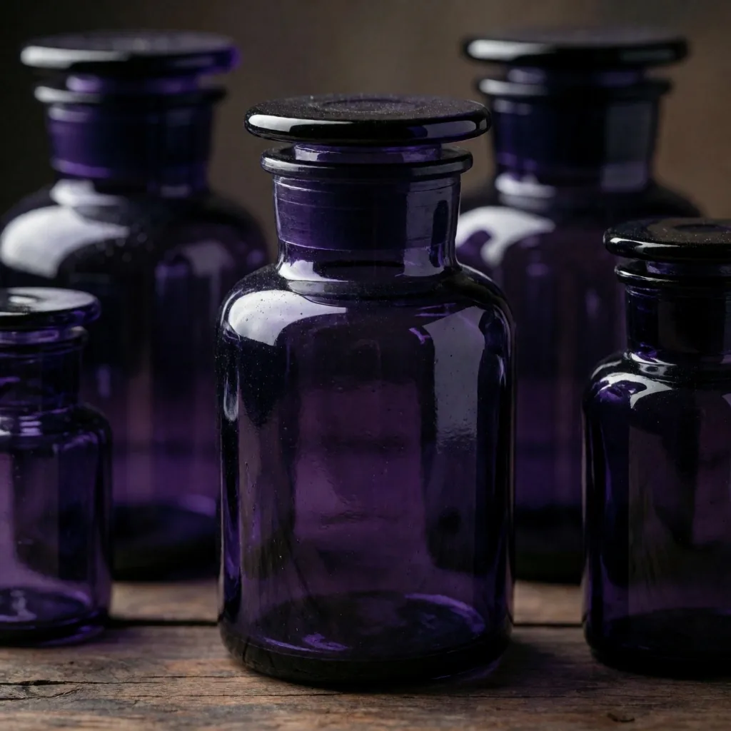 Amber glass bottles on a dark shelf