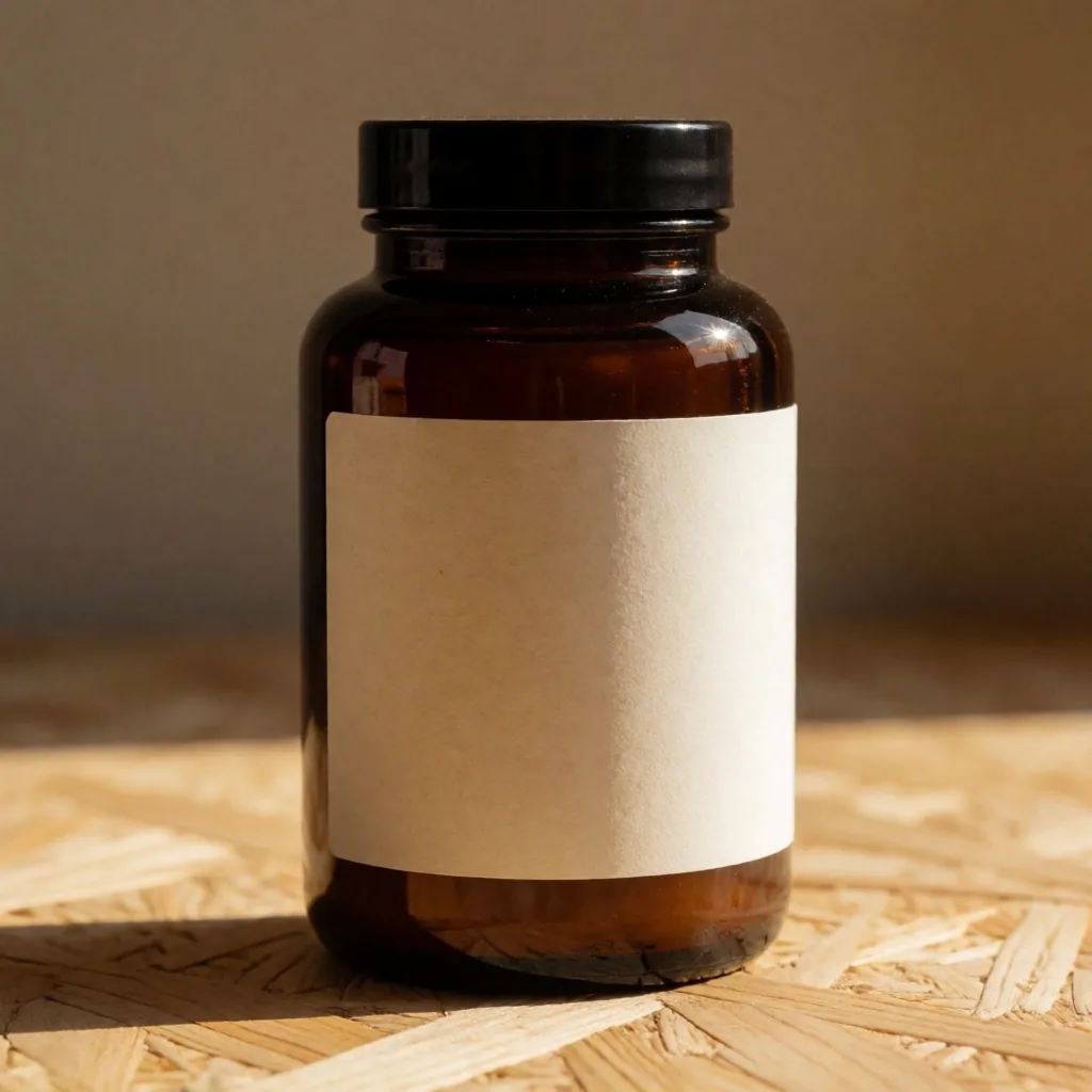 Amber glass supplement bottle on plywood
