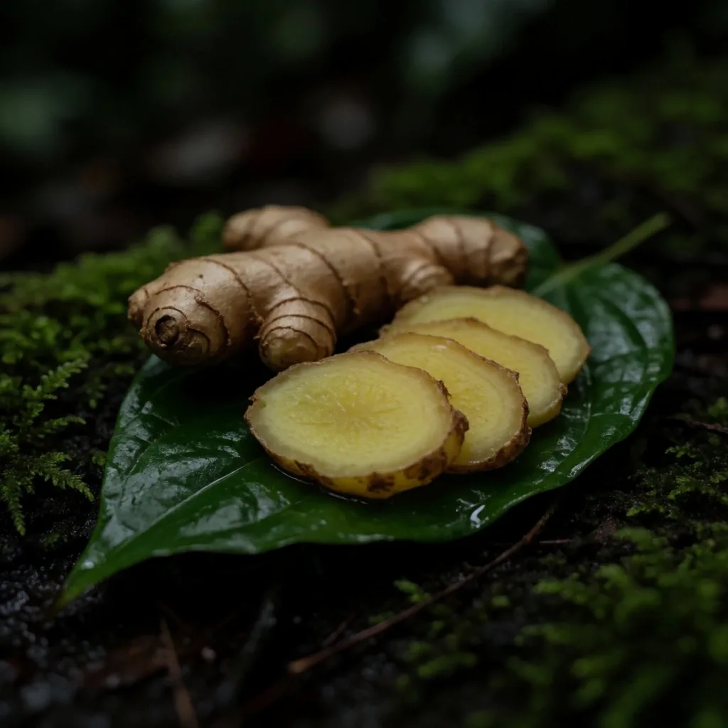 Botanical ingredients on a dark forest floor