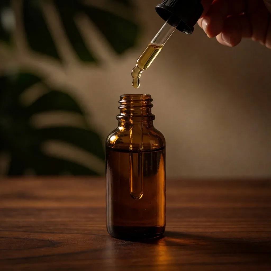 Amber dropper bottle of liquid extract on dark wood