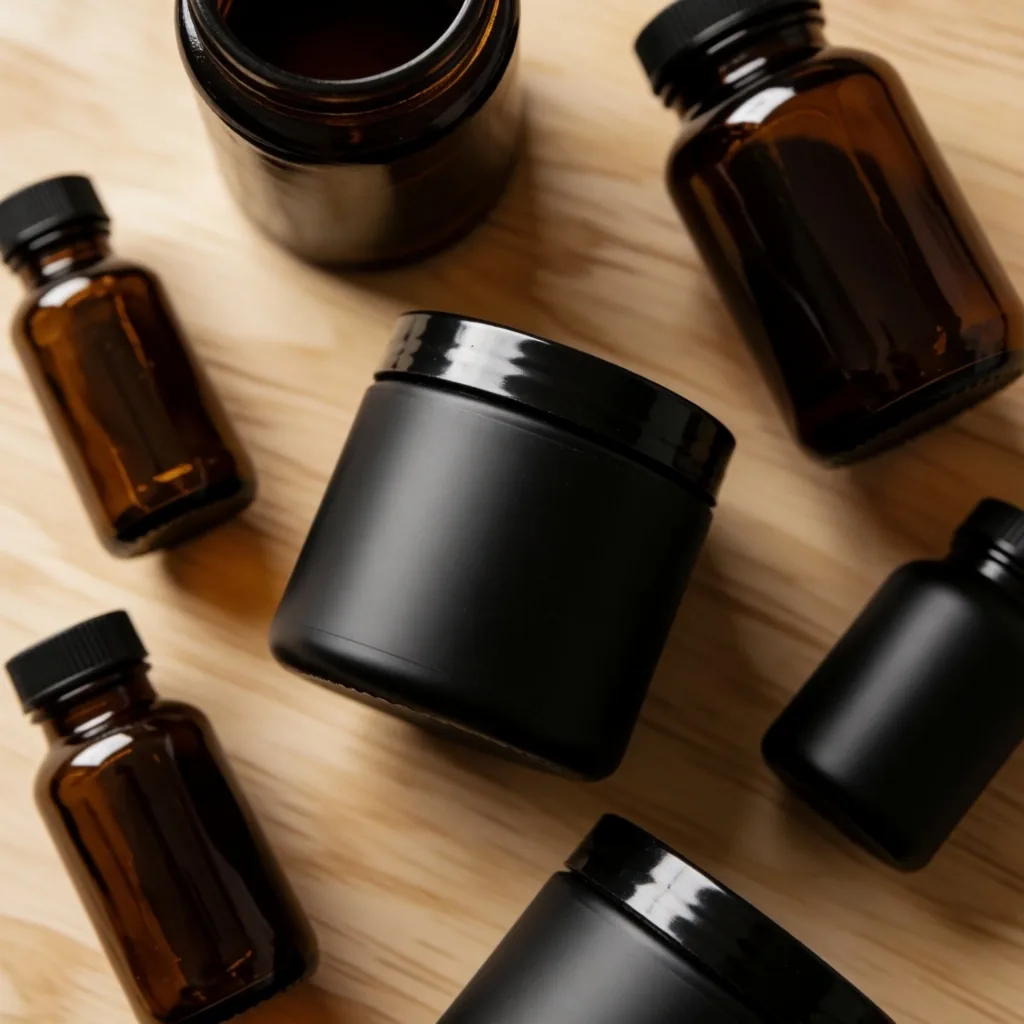 Assorted supplement containers on plywood surface