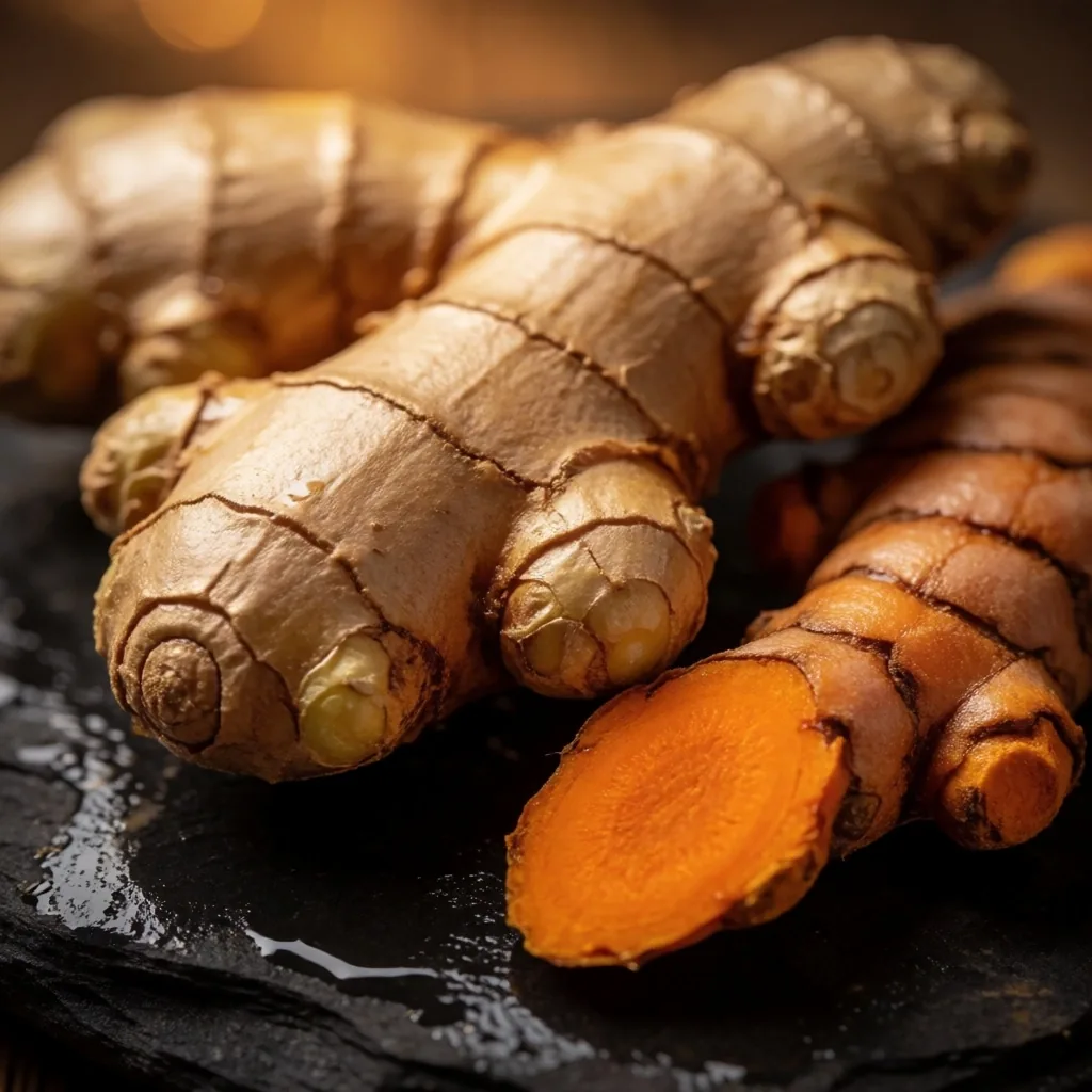 Fresh ginger root and turmeric on dark surface